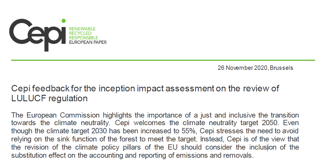 Cepi feedback for the inception impact assessment on the review of LULUCF regulation