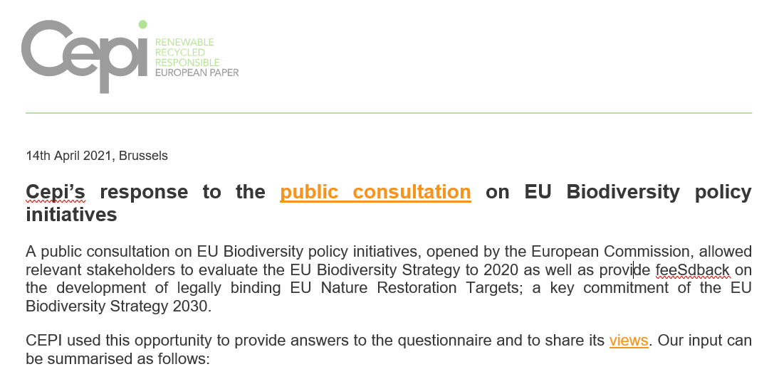 Cepi’s response to the public consultation on EU Biodiversity policy initiatives