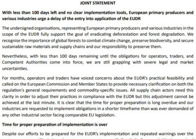 Joint statement: With less than 100 days left and no clear implementation tools, European primary producers and various industries urge a delay of the entry into application of the EUDR